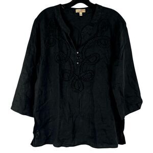 Choices Black Linen 3/4 Sleeve V-neck Front Embroidery Top Large